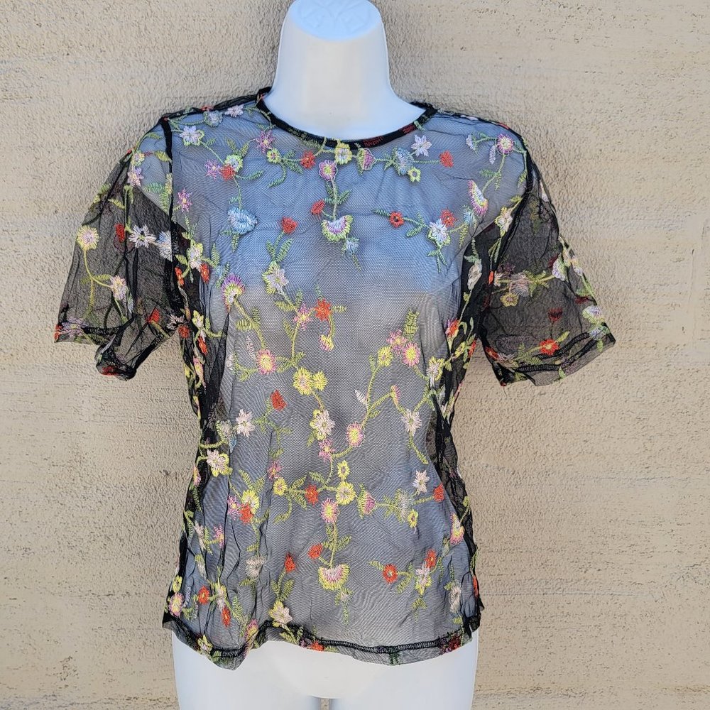 flores Size M Sheer Black Mesh Red Green Floral Embroidery Top